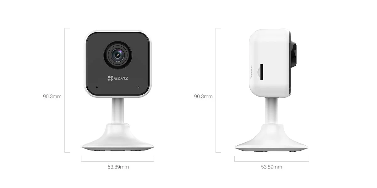 EZVIZ H1c 2MP camera front and side view with dimensions