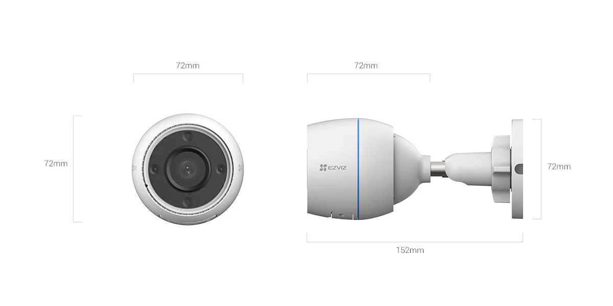 EZVIZ H3c 2MP camera front and side view with dimensions