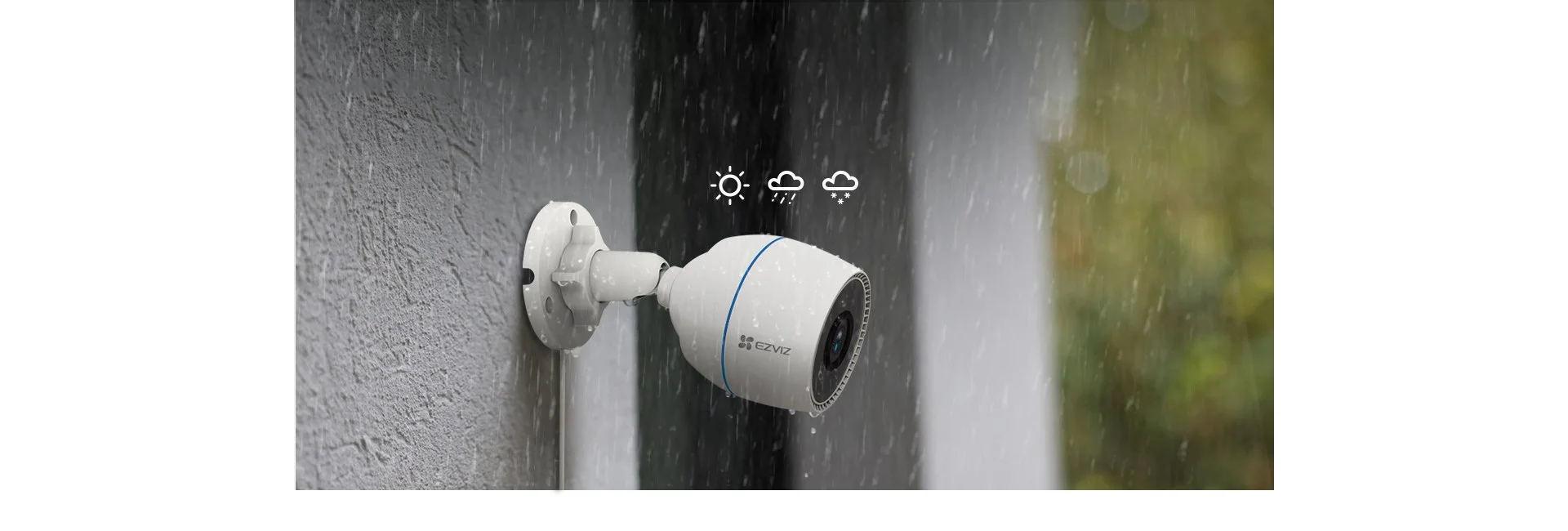 EZVIZ H3c 2MP camera in heavy rain demonstrating IP67 weatherproofing
