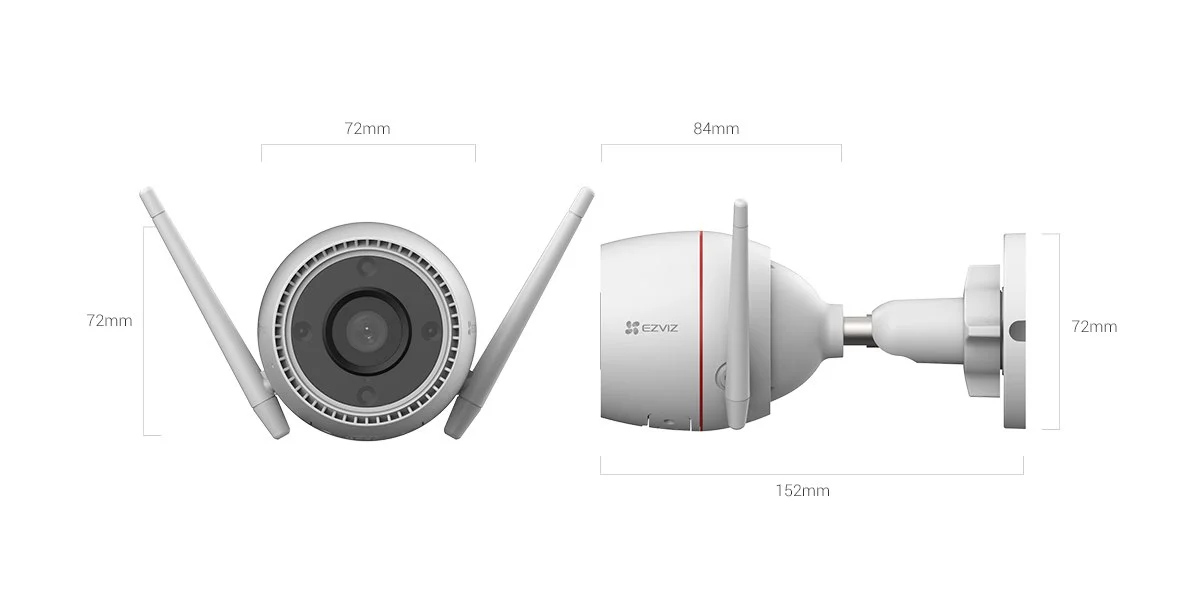 EZVIZ H3c 3K camera front and side view with dimensions