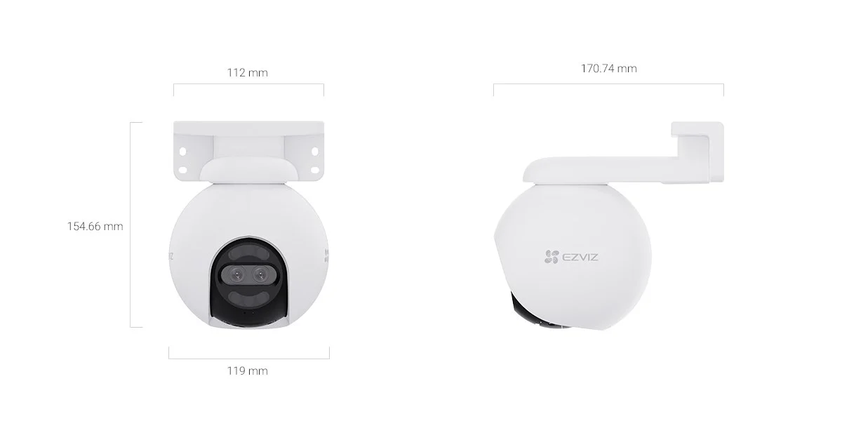 EZVIZ H80x Dual 4K camera front and side views with dimensions