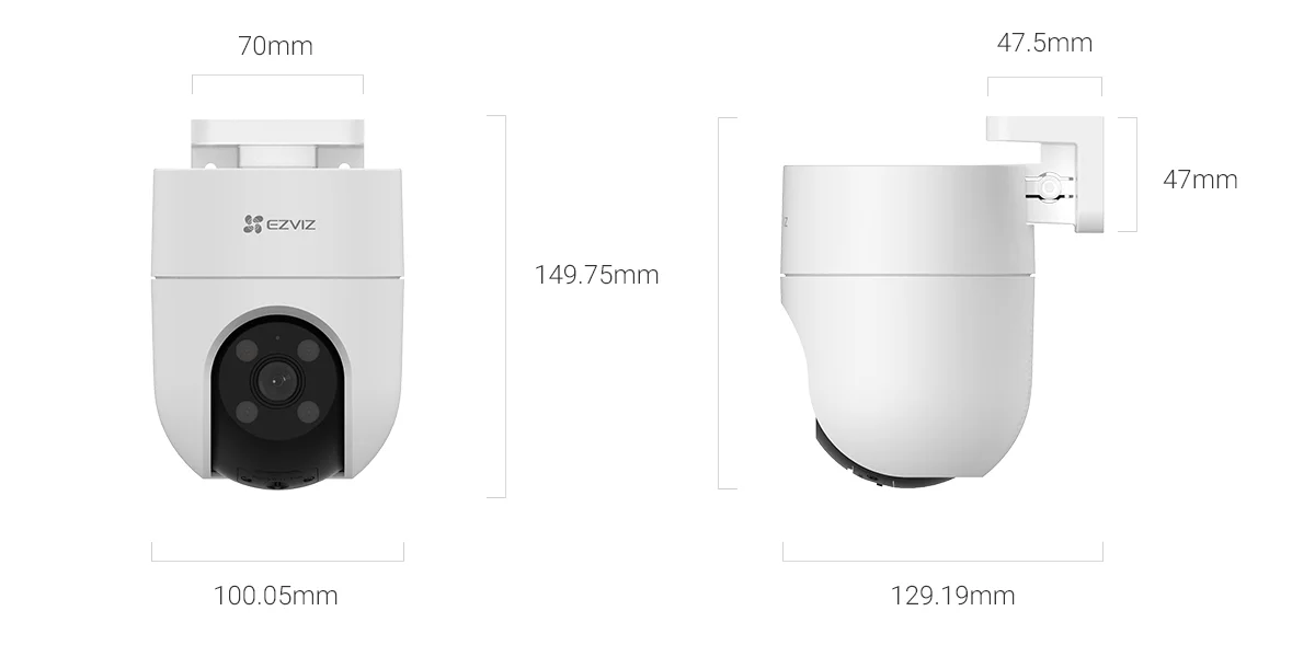 EZVIZ H8c 2K camera front and side views with dimensions