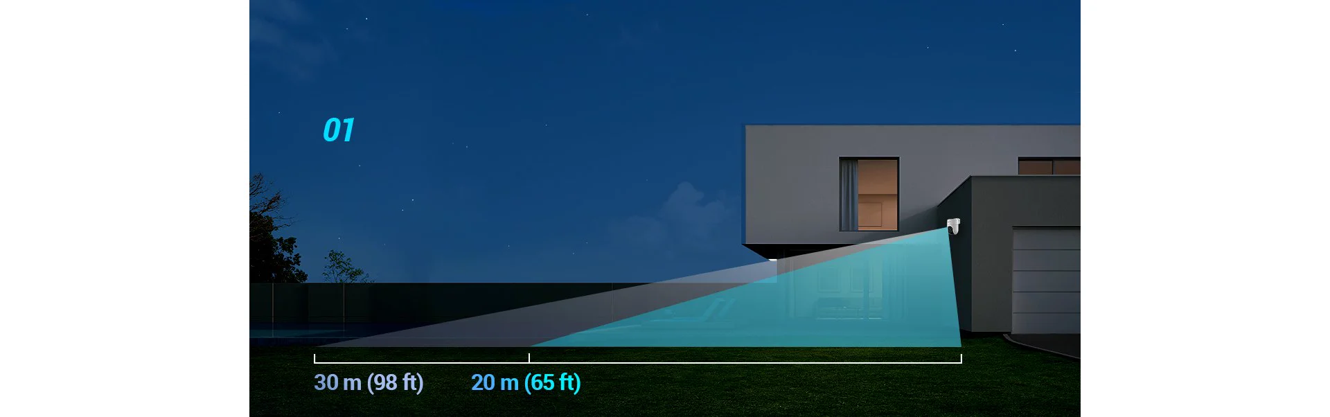 EZVIZ H8c 2MP camera night vision range diagram showing 30-metre infrared and 20-metre color range