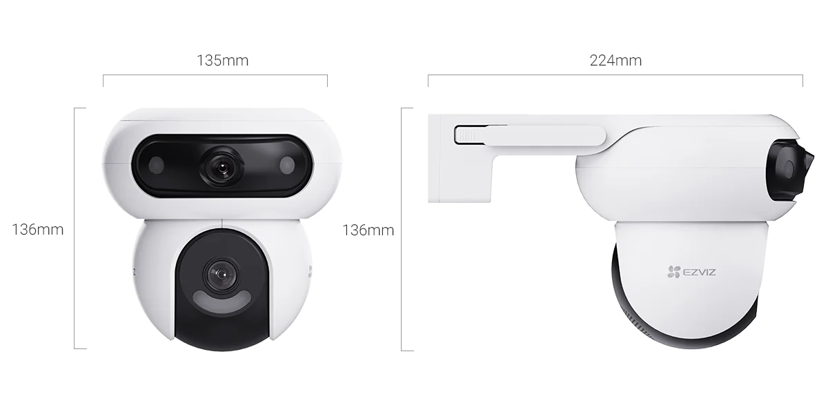 EZVIZ H90 Dual 2K camera front and side view with dimensions