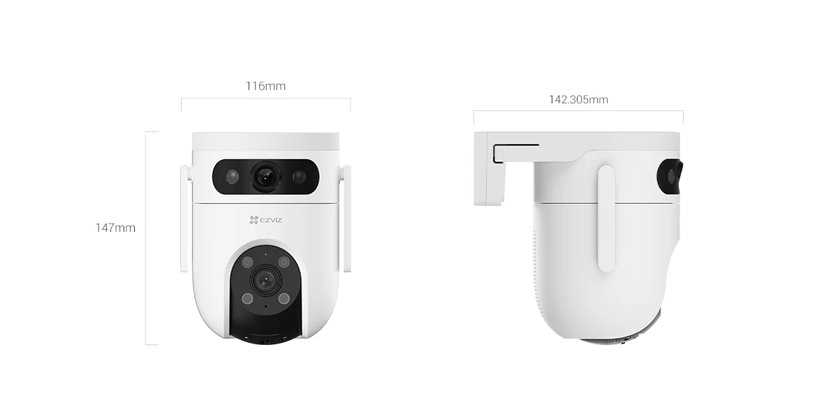 EZVIZ H9c Dual 2K camera front and side dimensions