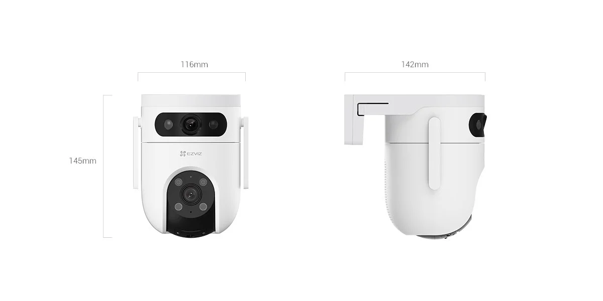 EZVIZ H9c Dual 2K camera front and side views with dimensions